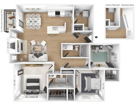 3 bedroom 2 bathroom Floor plan A at Latitudes Apartments, Indiana